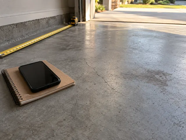 Illustration of an existing concrete slab with a hairline crack, measuring tape, and phone for project planning