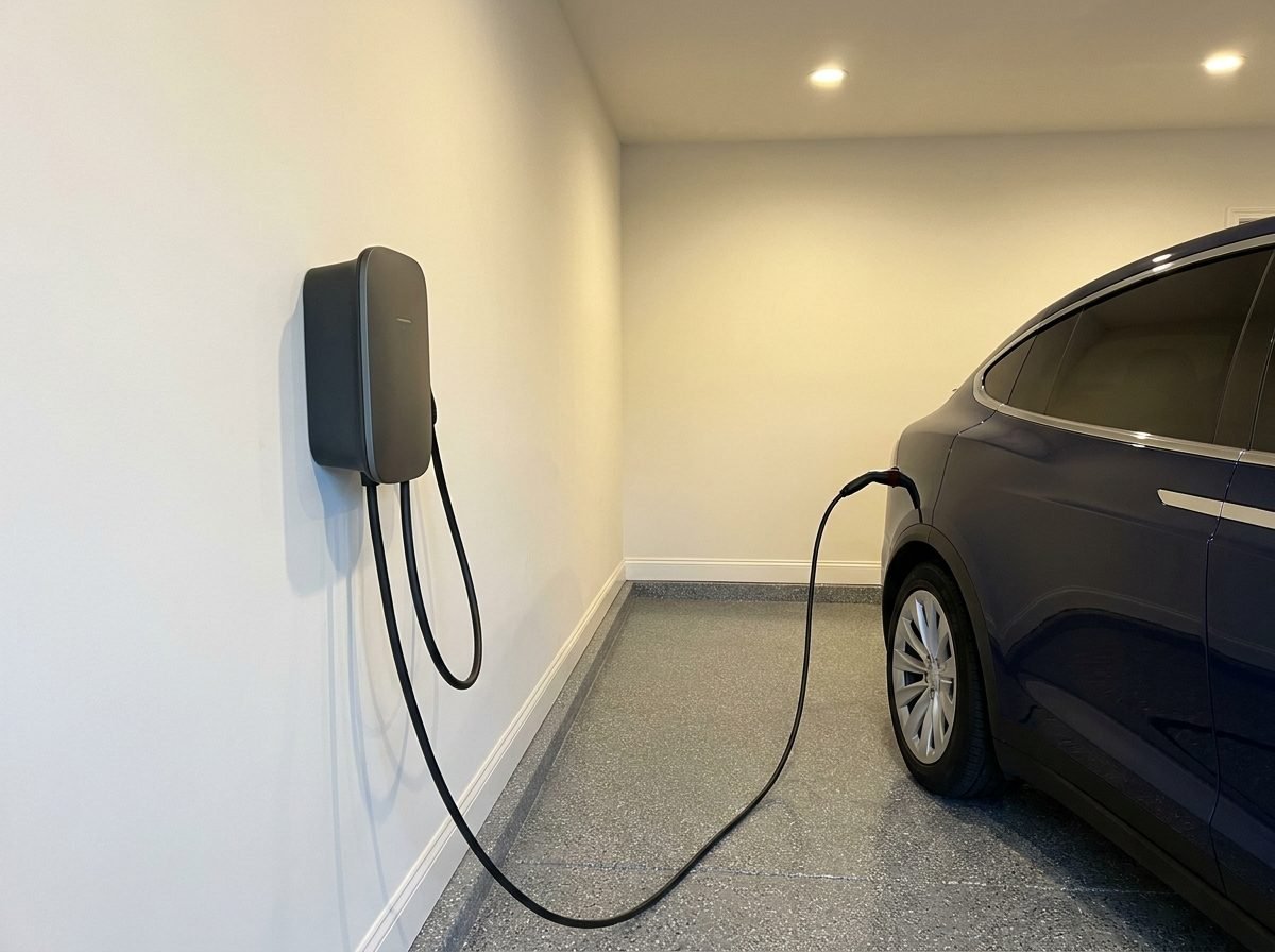 Modern EV wall charger mounted in a finished garage above an epoxy floor