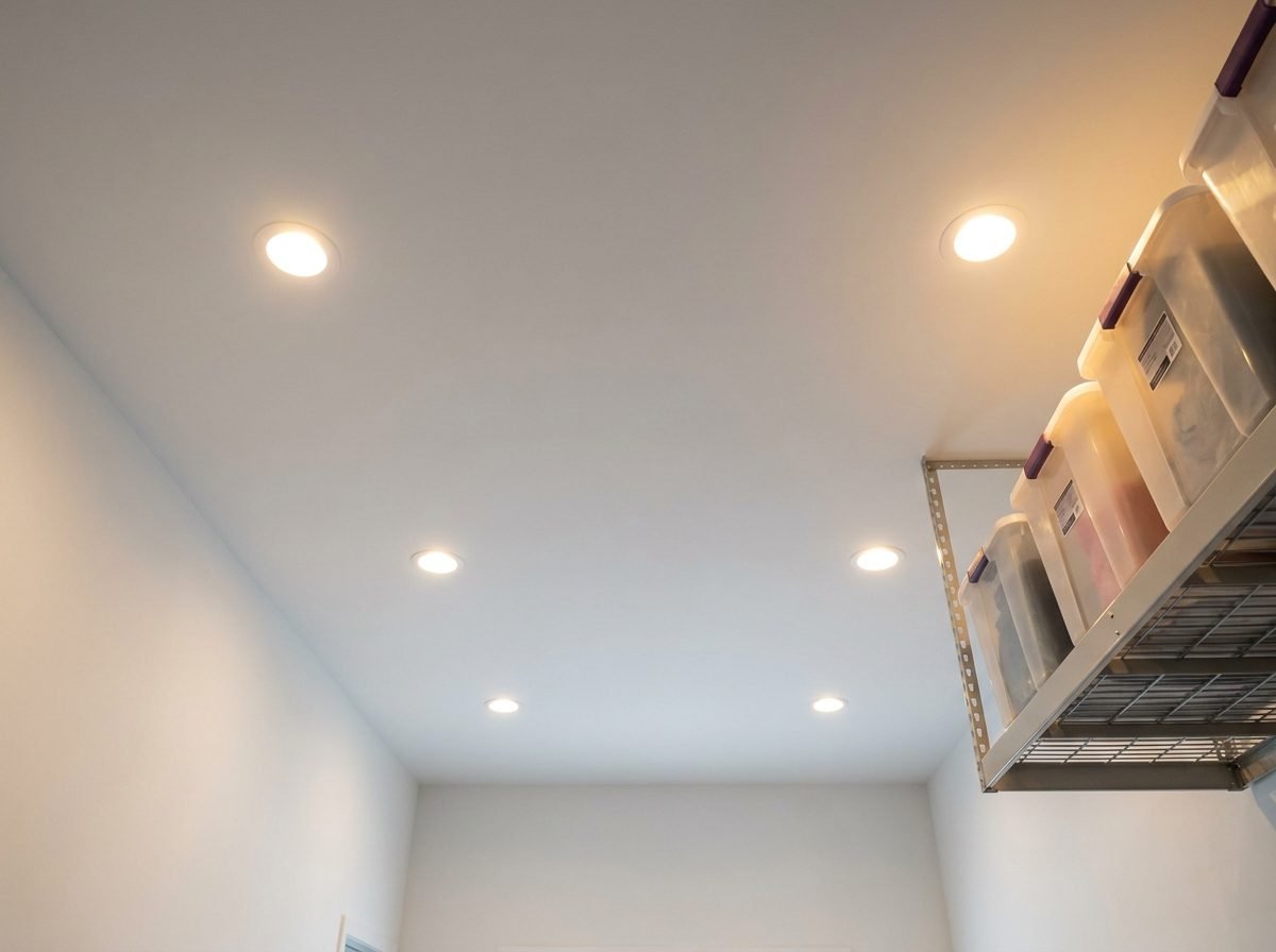 Freshly painted garage ceiling with recessed LED lighting and overhead storage rack