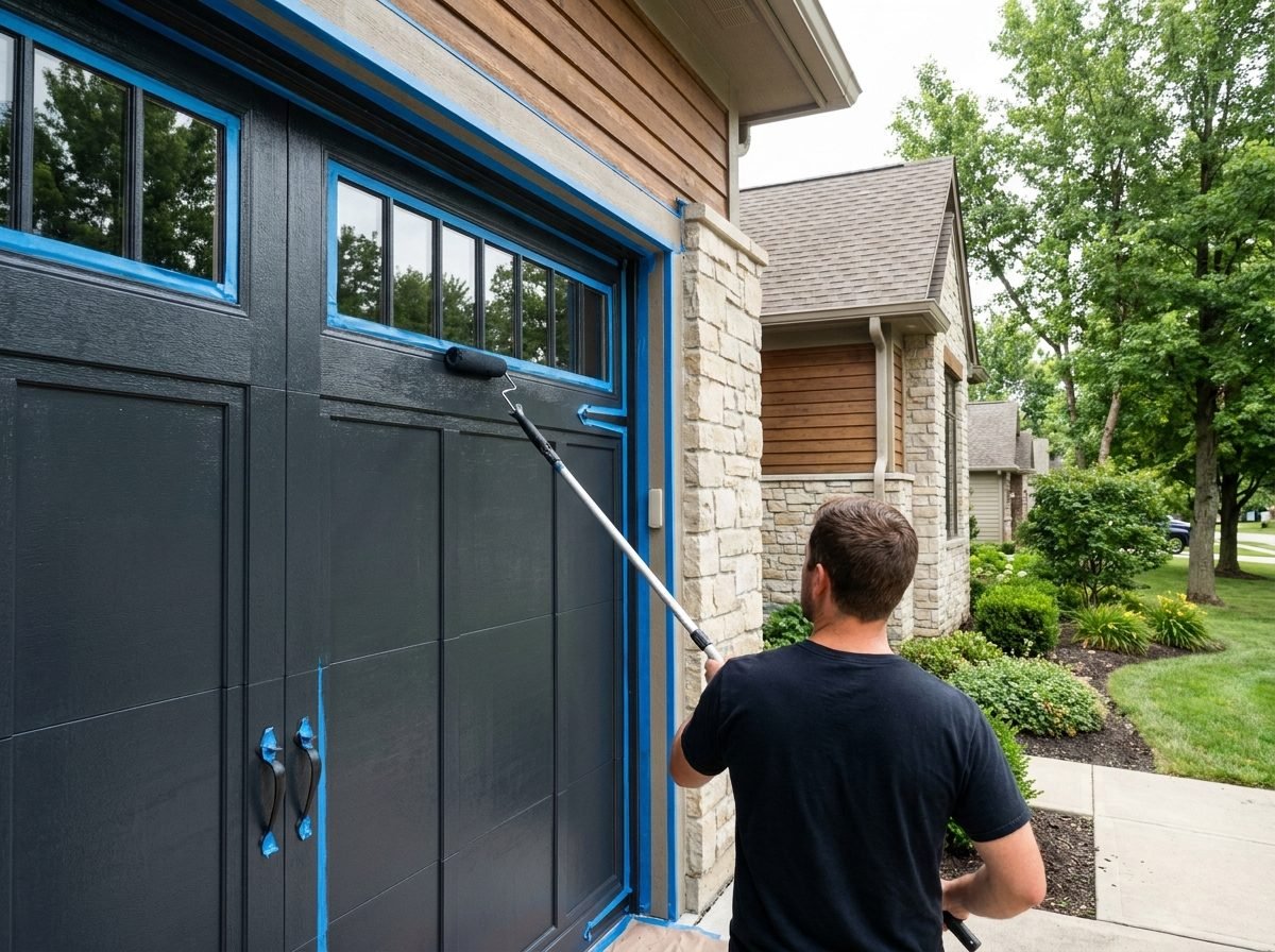 Carriage-style garage door being freshly painted charcoal