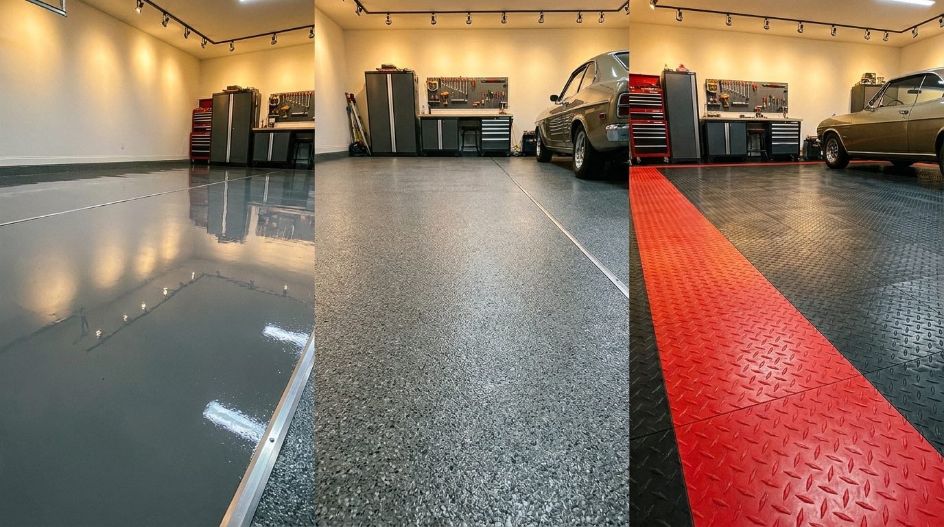 Comparison of different garage flooring finishes side by side