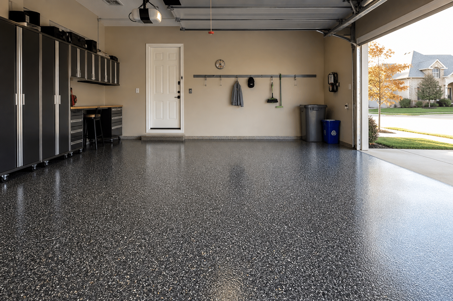 Garage floor after epoxy coating - glossy charcoal finish