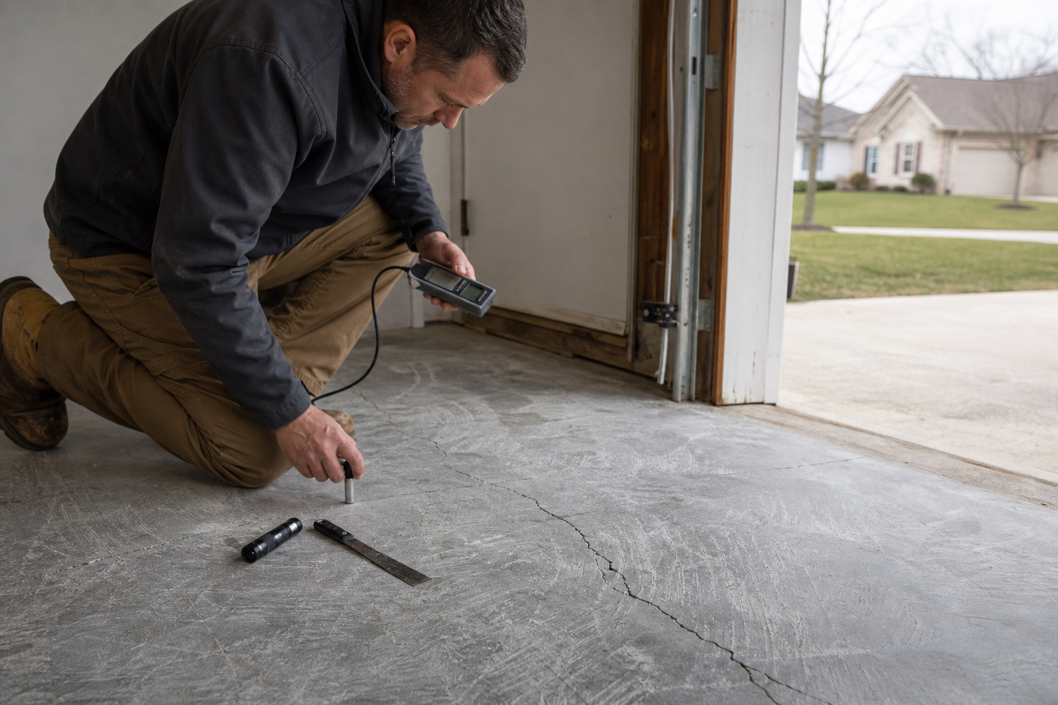 Professional contractor applying epoxy floor coating